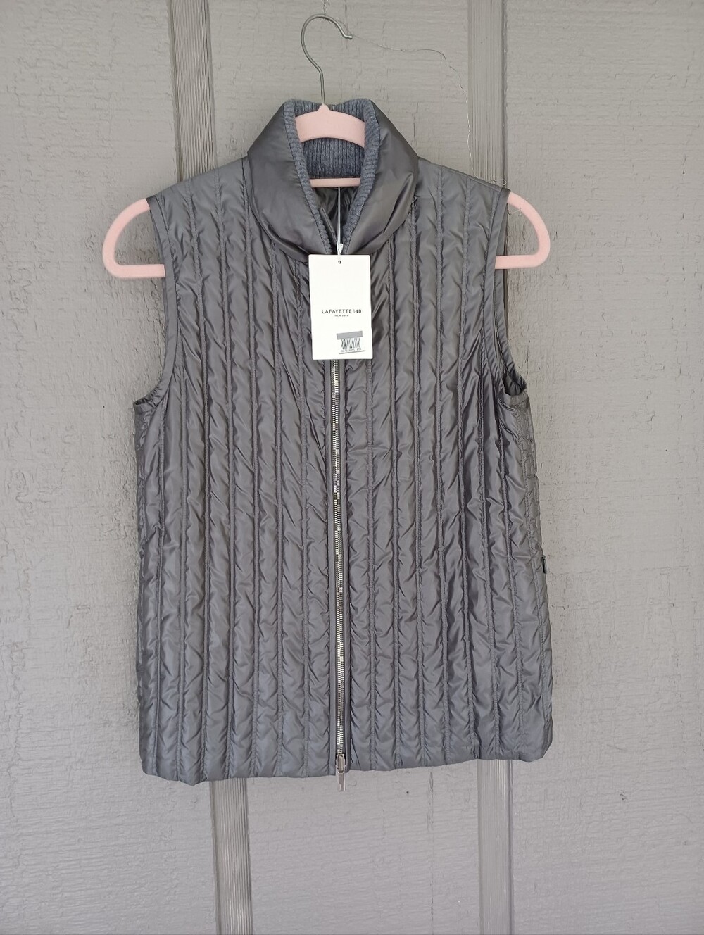 Lafayette 148 Mosby Quilted Down Vest Size XS Full Zip Pocket Minimalist In Cave